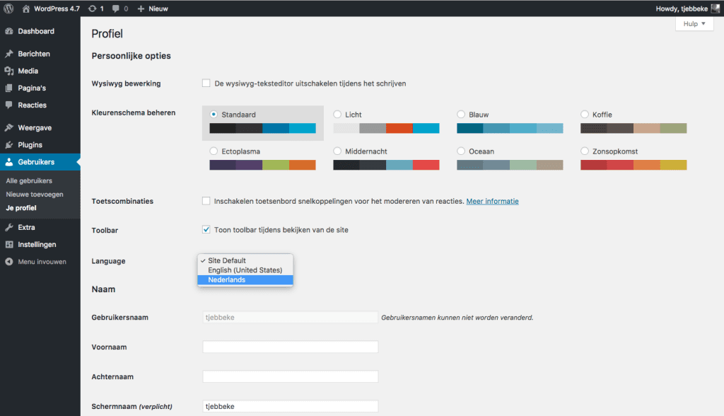 WordPress 4.7 - Admin taal instellen