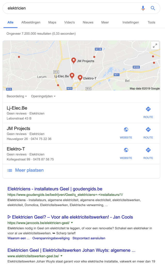 SEO, Serp, Lokaal zoeken elektricien Geel