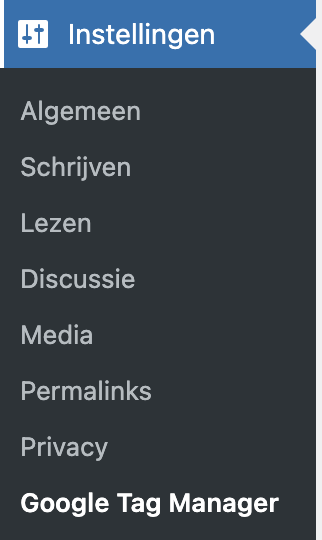 WordPress Tag Manager instelling menu