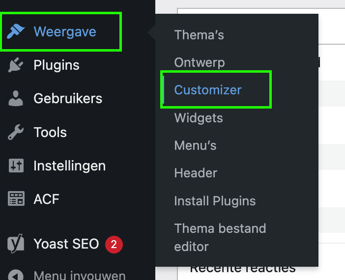 In de linker zijbalk ga je naar weergave -> customizer
