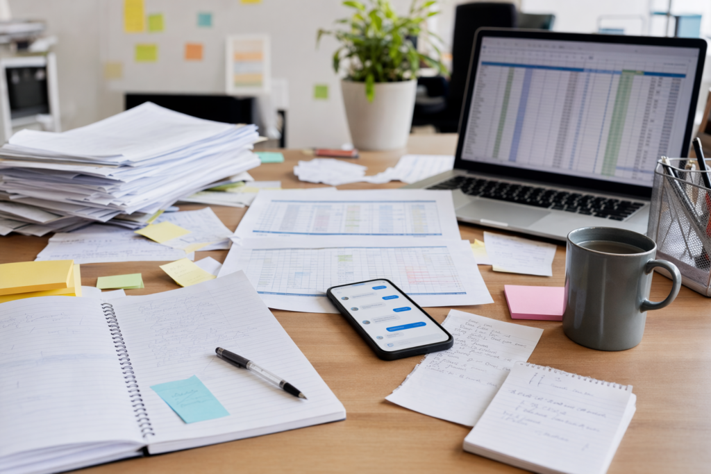 Versnipperde urenregistratie met papieren notities, spreadsheets en losse berichten die chaos veroorzaken