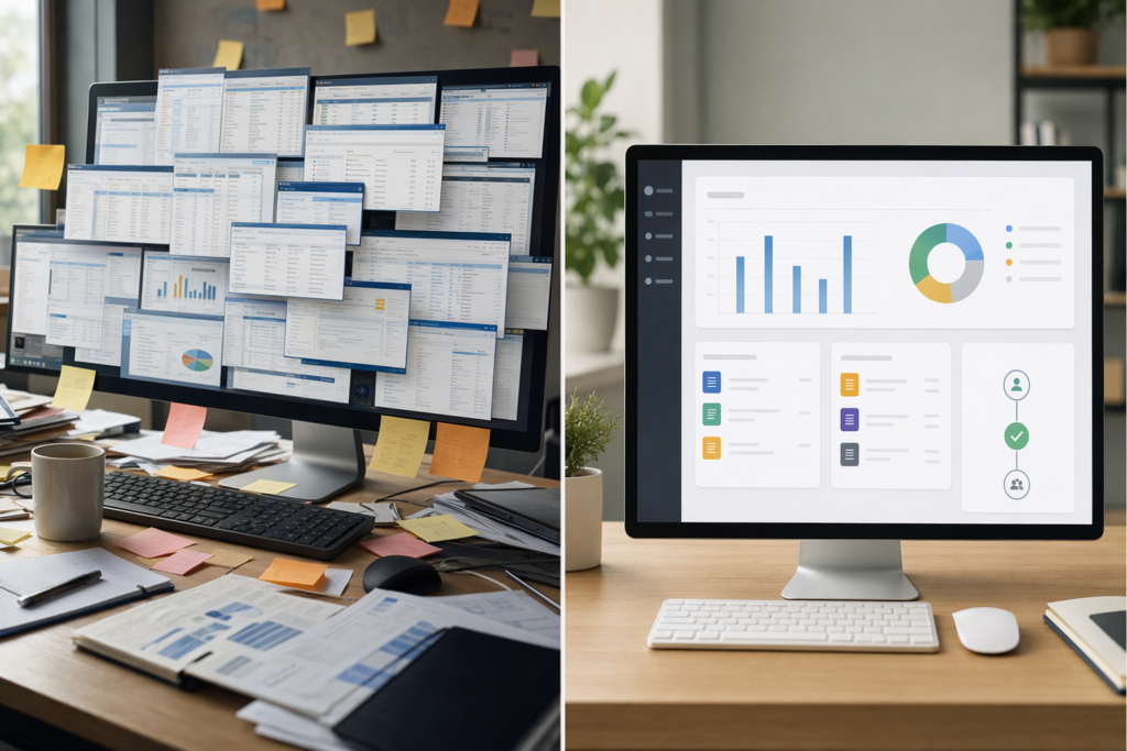 Vergelijking tussen complexe software-overload en een gestroomlijnde tijdsregistratieflow met projectcategorieen en goedkeuring