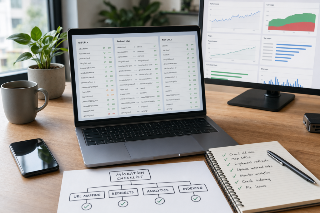 SEO migratie checklist met redirects nieuwe website, oude URL's en analytics controle
