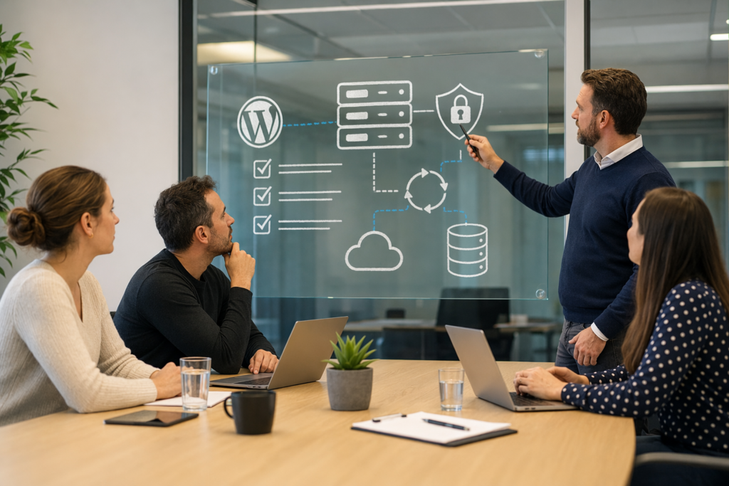 WordPress bureau bespreekt hosting, veiligheid en onderhoud bij een WordPress webdesign traject