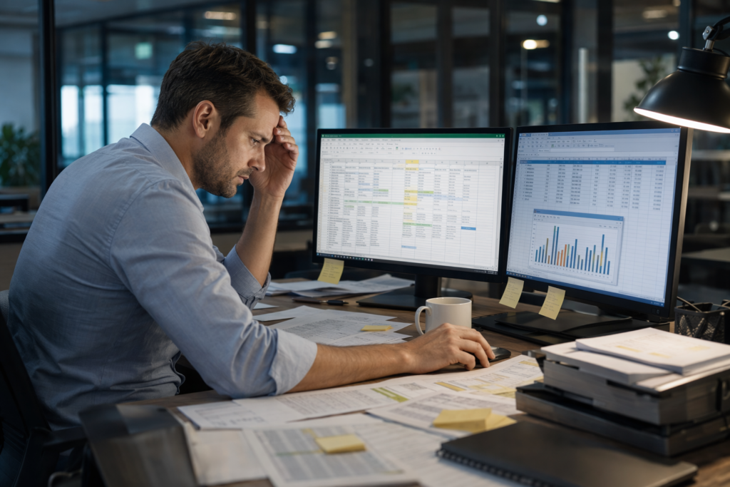 Nadelen van tijdsregistratie in Excel: uren manueel overtypen tussen spreadsheets met fouten en losse notities