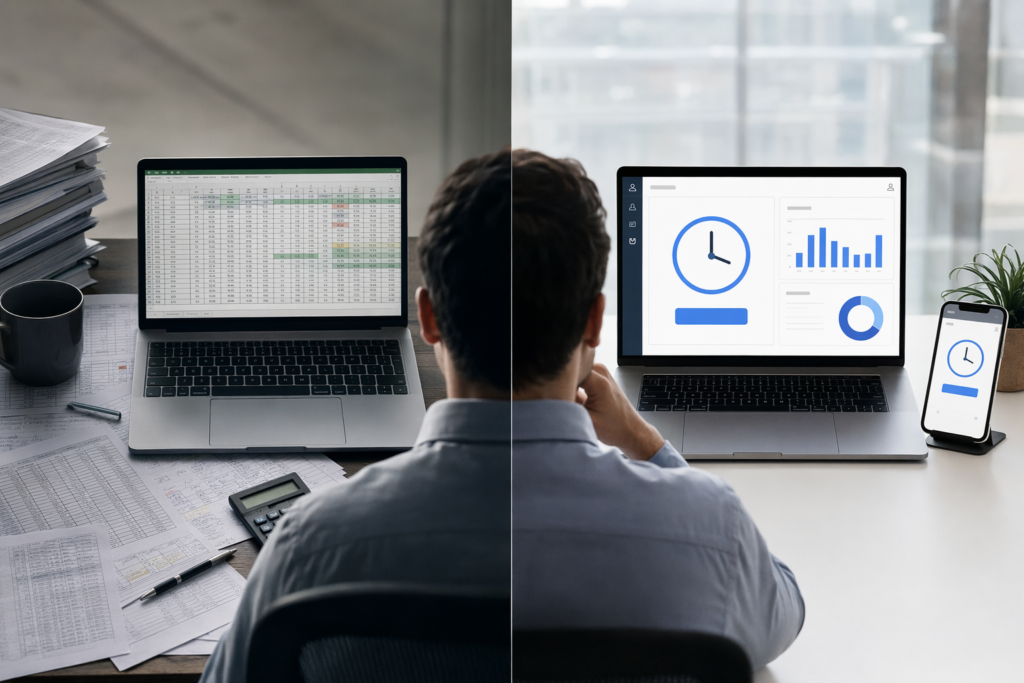 Excel of tijdsregistratie software vergeleken: manuele urenstaat naast een geautomatiseerde app met in- en uitklokken
