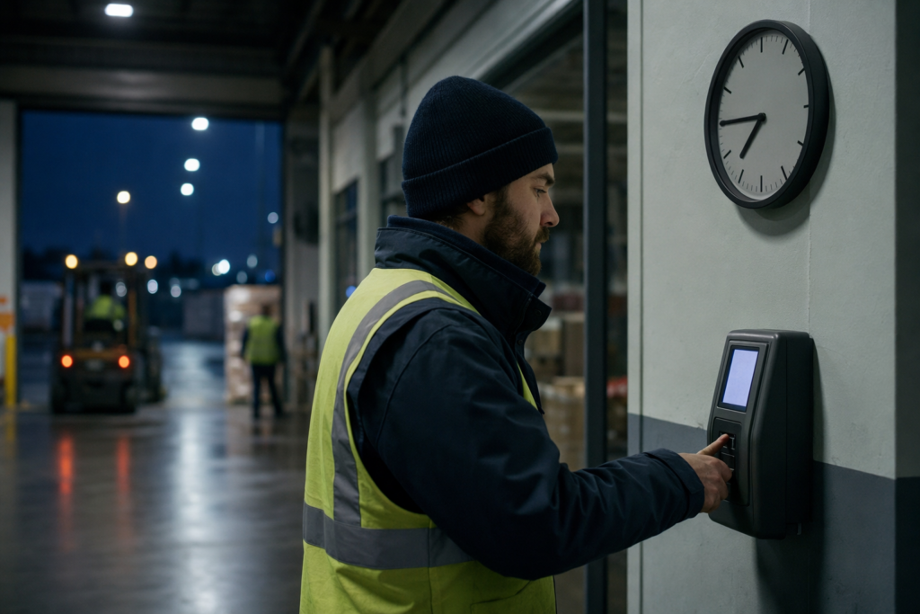 Medewerker tijdens een nachtshift met tijdsregistratie om nachtwerk correct te registreren