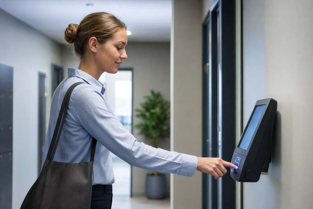 Medewerker tikt uit voor een pauze aan een kioskterminal om pauzes correct te registreren
