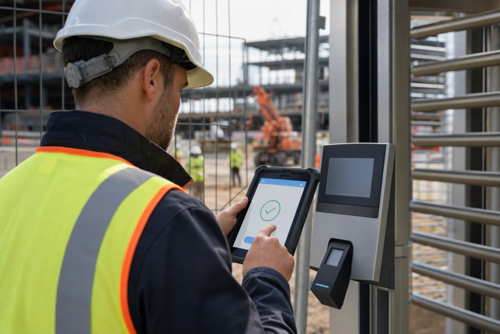 Bouwvakker tikt in met mobiele tijdsregistratie op de werf om uren per werf bij te houden