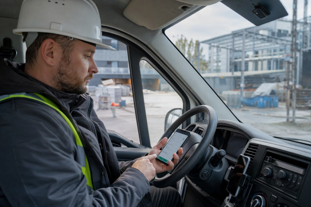 Bouwvakker registreert verplaatsingen tussen depot en werf via mobiele tijdsregistratie in de bouw