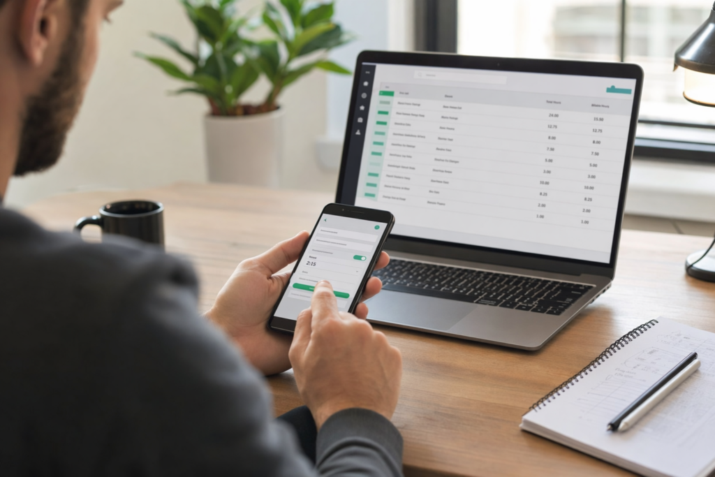 Consultant registreert billable uren met projectcodes per klant via een tijdsregistratie-app
